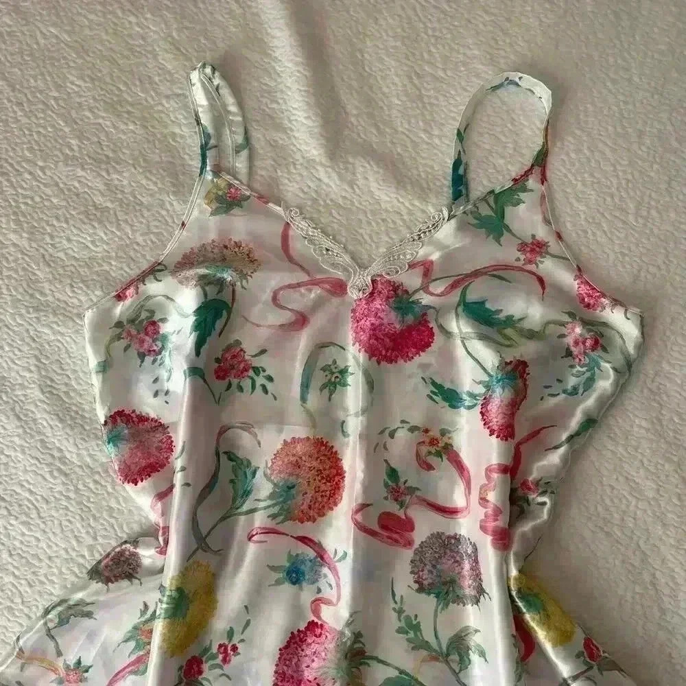 Vintage pink floral chemise women’s XL lace appliqué satin dainty delicate - Picture 4 of 4